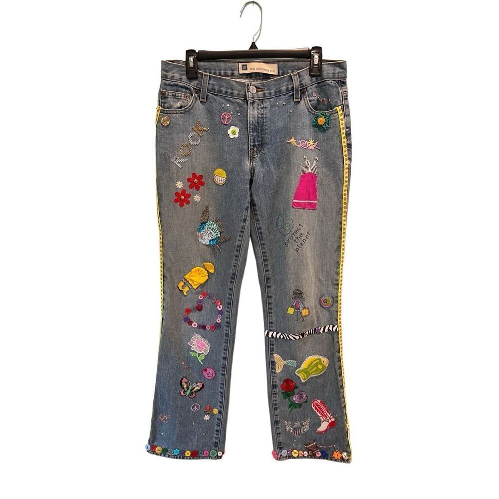 GAP unique hand embellished jeans with patches, ribbon and beads - 8